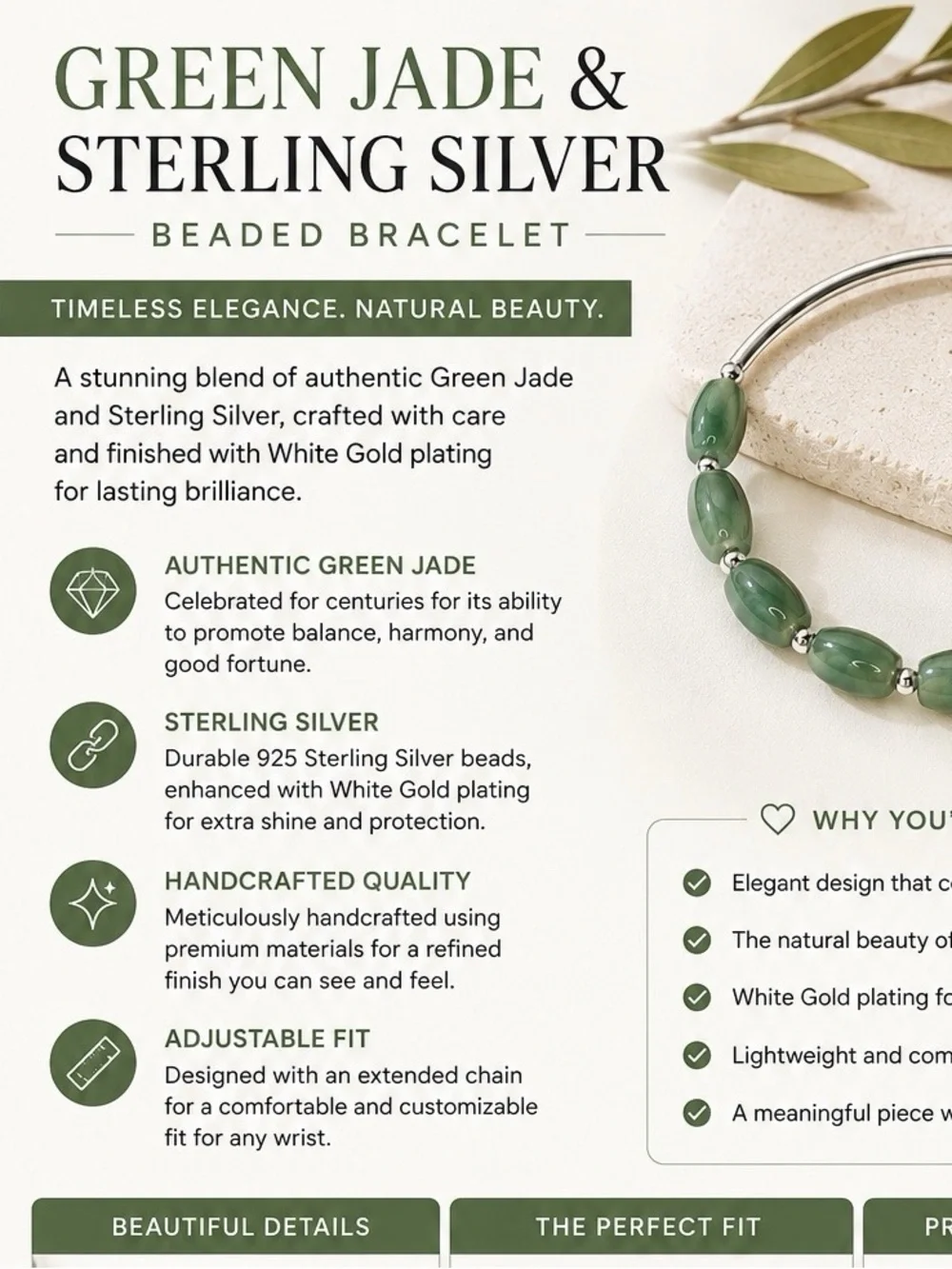 Natural Green Jade Bracelet | 925 Sterling Silver | Elegant Adjustable